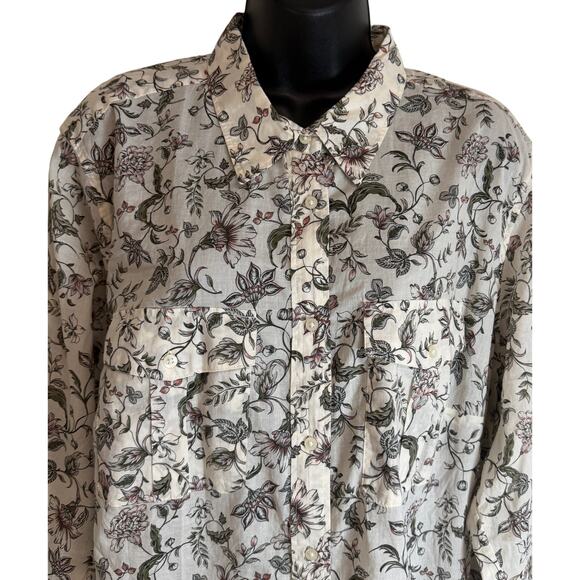 Lauren Ralph Lauren Womens Floral Button Shirt 2X Cotton Blouse Cream New - Picture 2 of 9
